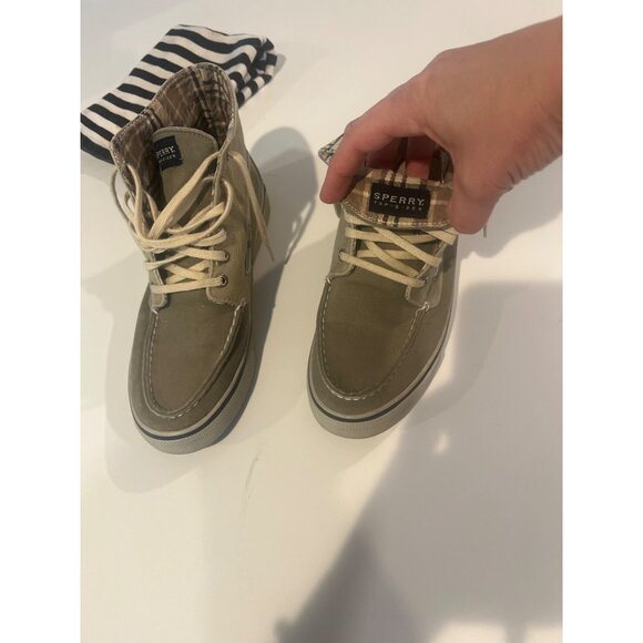 Sperry Mens Olive High-Top Canvas Boat Shoes With Plaid Lining Lace-Up Closure S - Picture 2 of 5